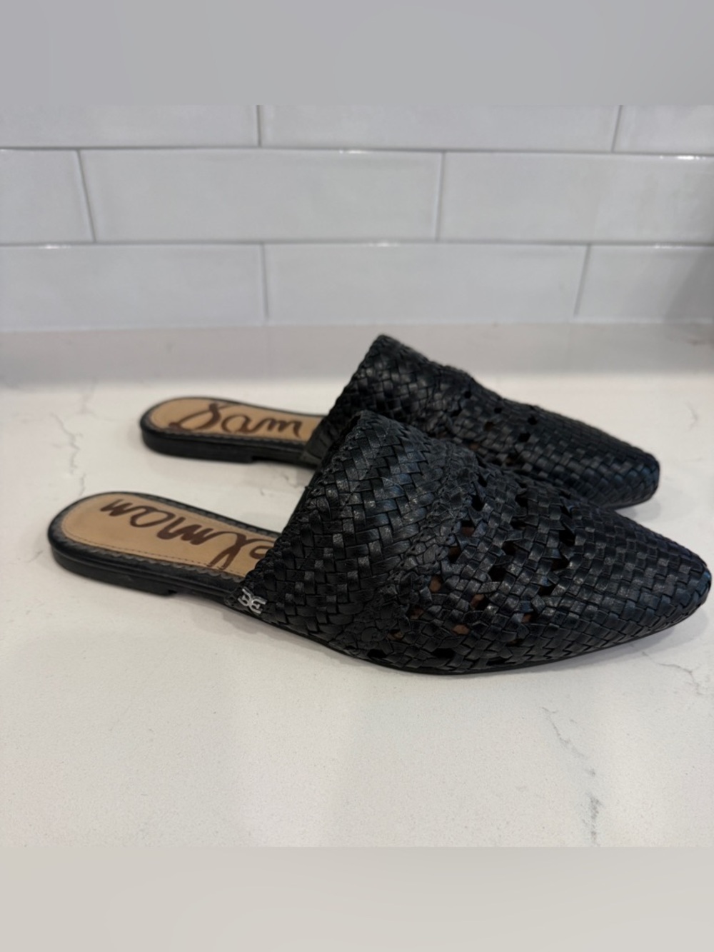 NWOT Sam Edelman Black Woven Leather Slide Mules New Size 8